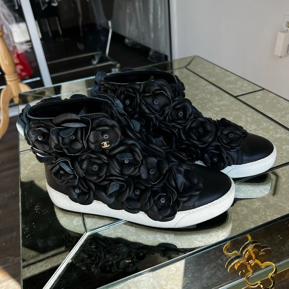 CHANEL Leather Camellia High Top Sneaker size 36